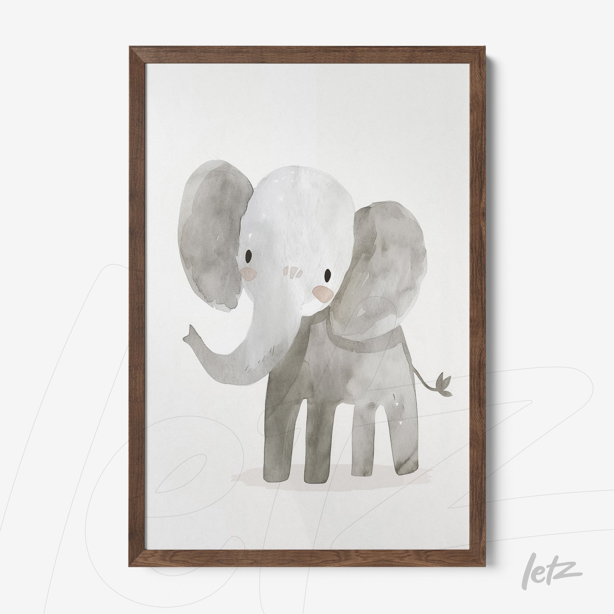 quadro com ilustração de elefante em estilo aquarela com moldura de madeira escura