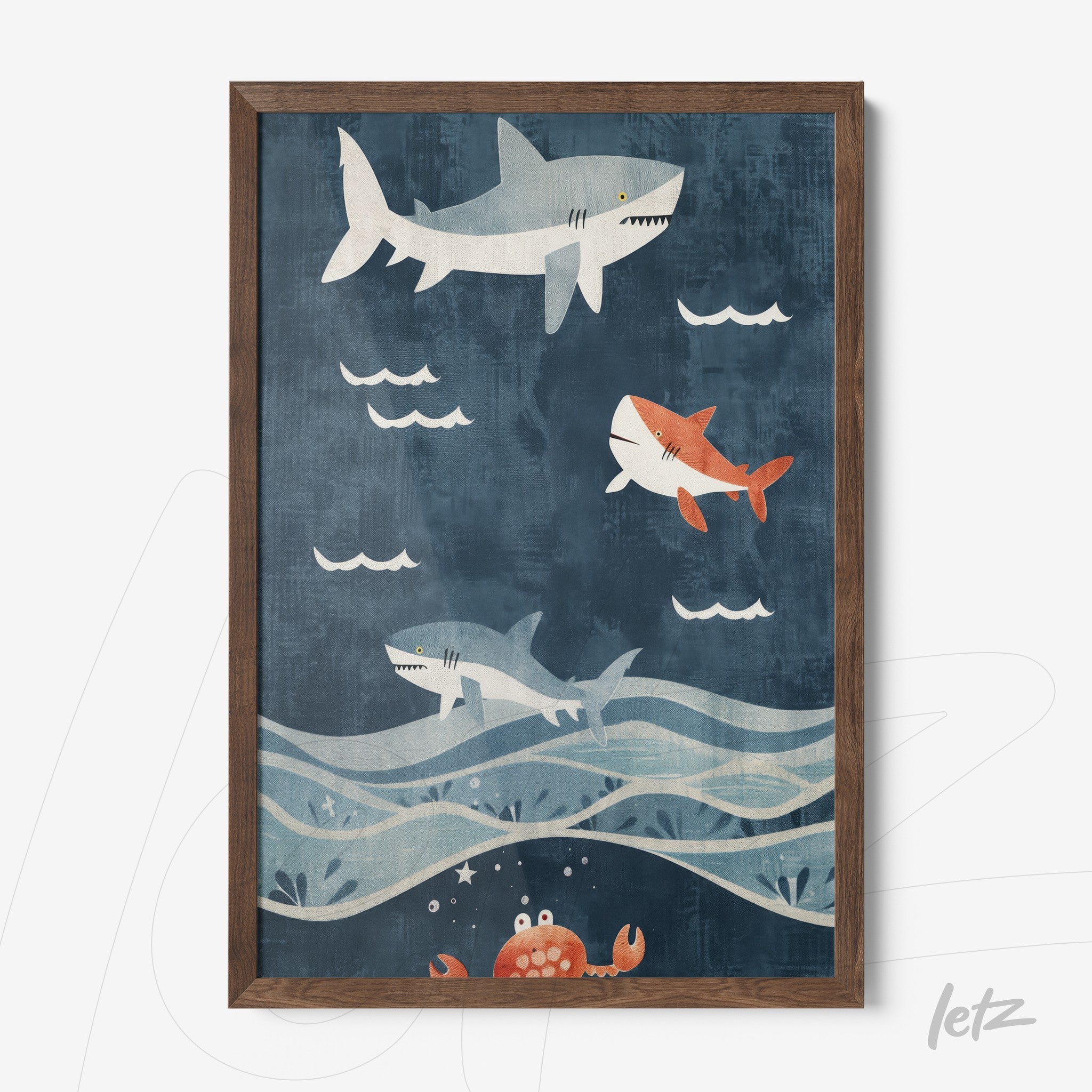 quadro com ilustração de tubarões nadando em um fundo azul, moldura de madeira escura