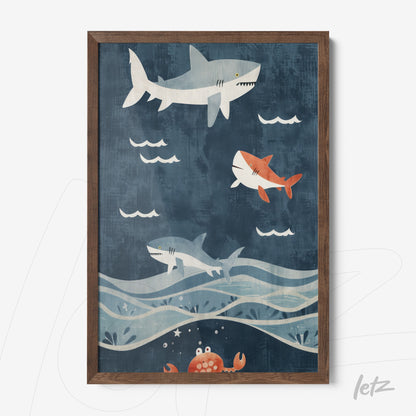 quadro com ilustração de tubarões nadando em um fundo azul, moldura de madeira escura