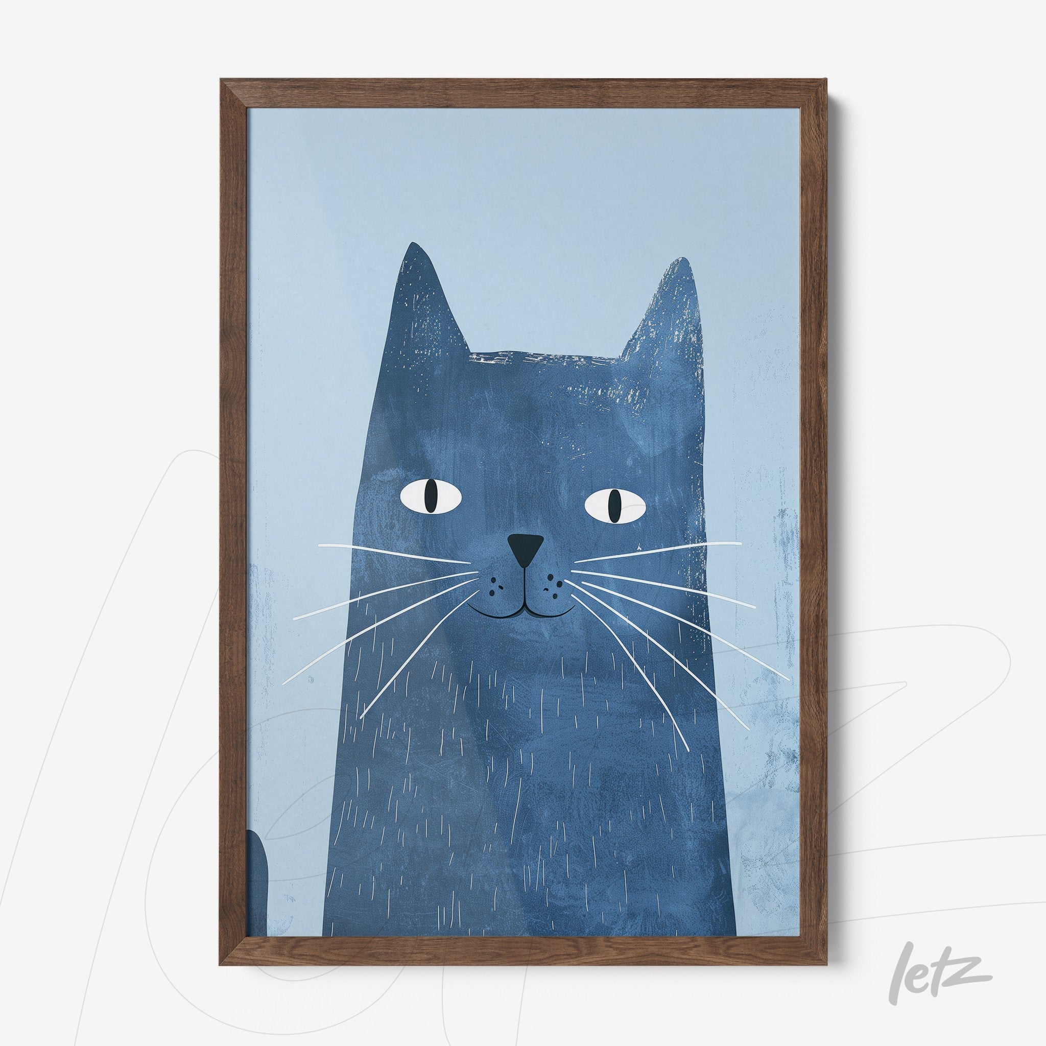 quadro com ilustração de gato azul em moldura de madeira escura