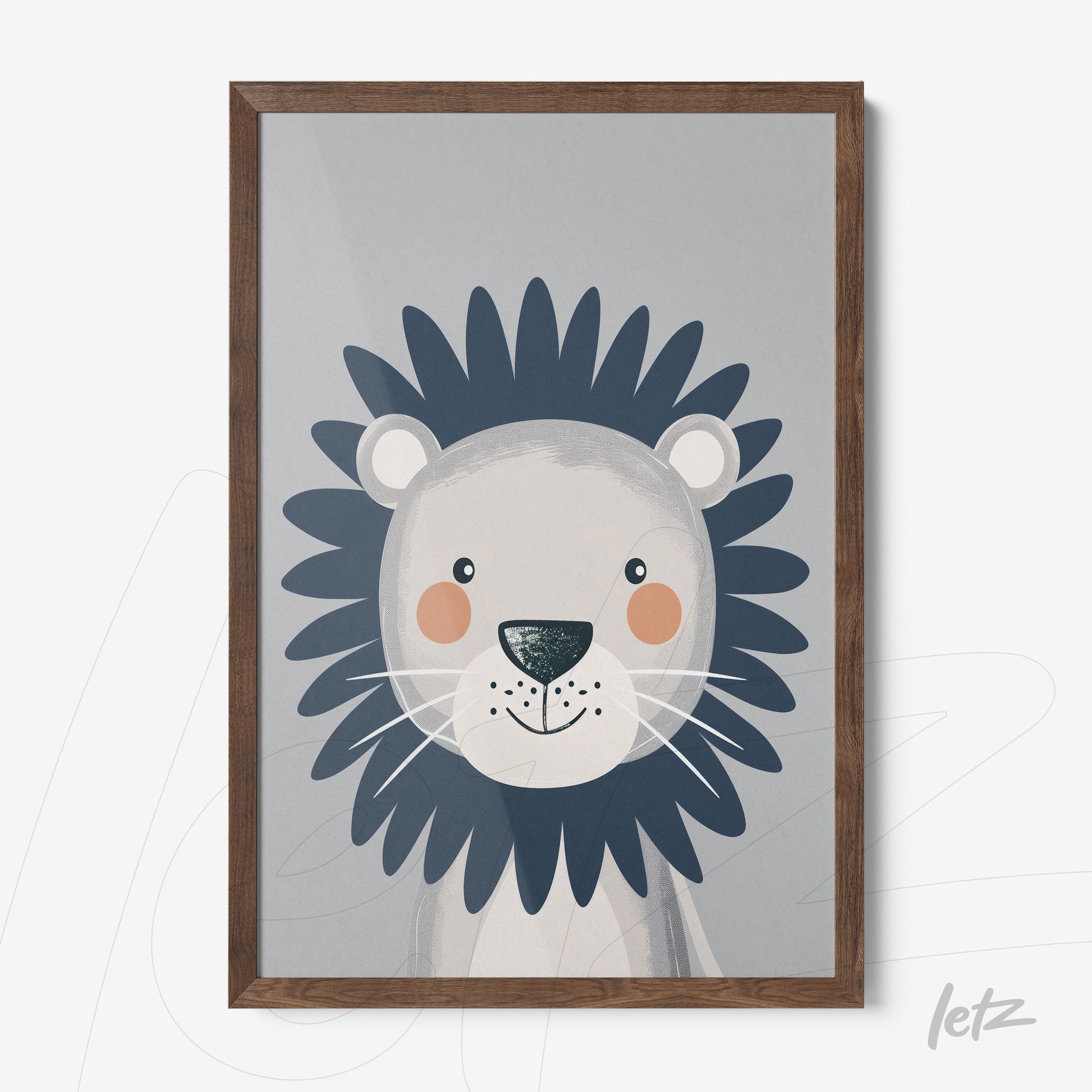quadro com ilustração infantil de leão com fundo cinza e moldura de madeira escura