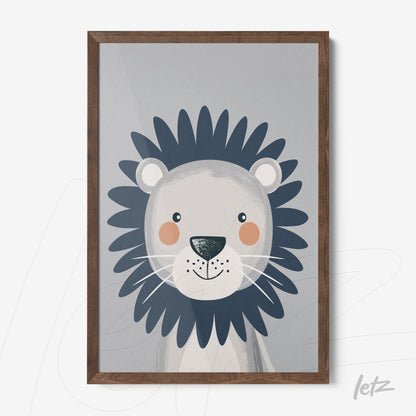quadro com ilustração infantil de leão com fundo cinza e moldura de madeira escura