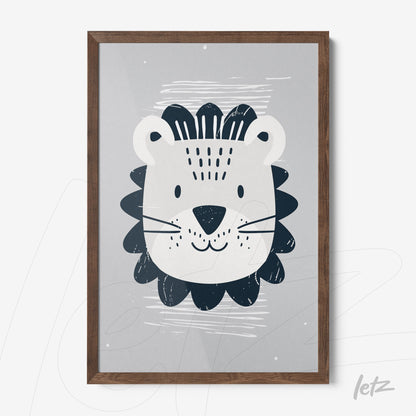 quadro com ilustração moderna de um leão sorridente em moldura de madeira escura