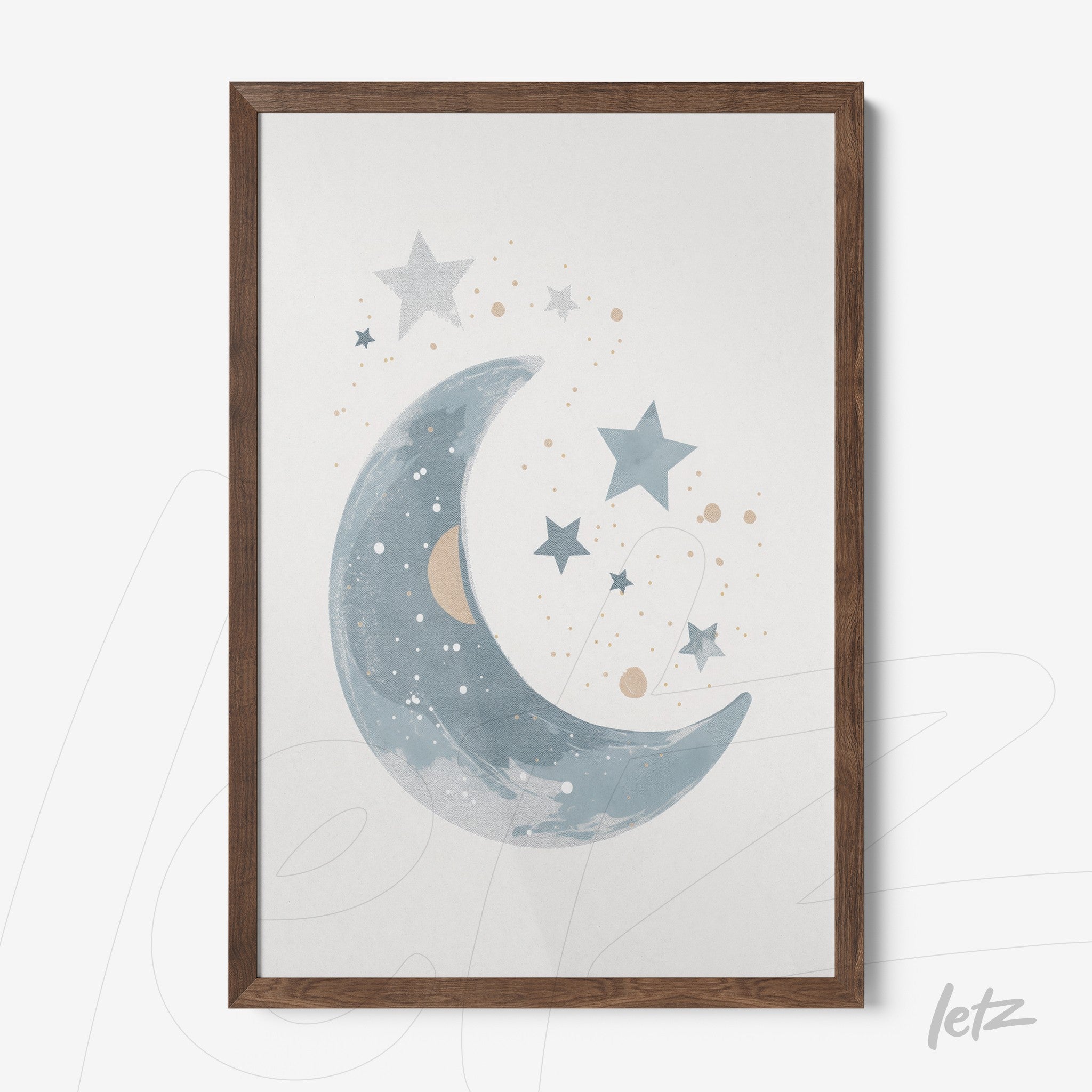 quadro com ilustração artística de lua e estrelas em moldura de madeira escura