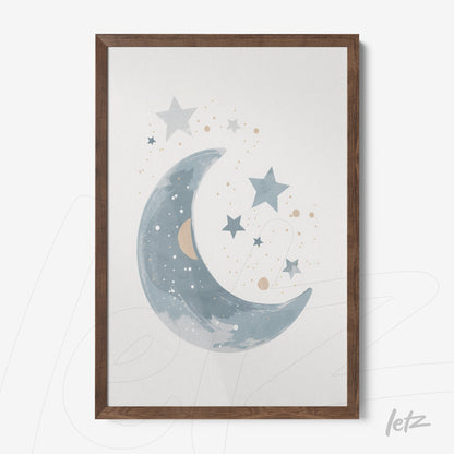quadro com ilustração artística de lua e estrelas em moldura de madeira escura
