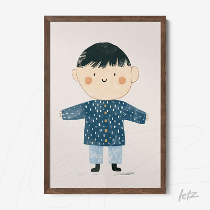 quadro com ilustração infantil de menino sorridente usando um casaco azul escuro, moldura marrom claro