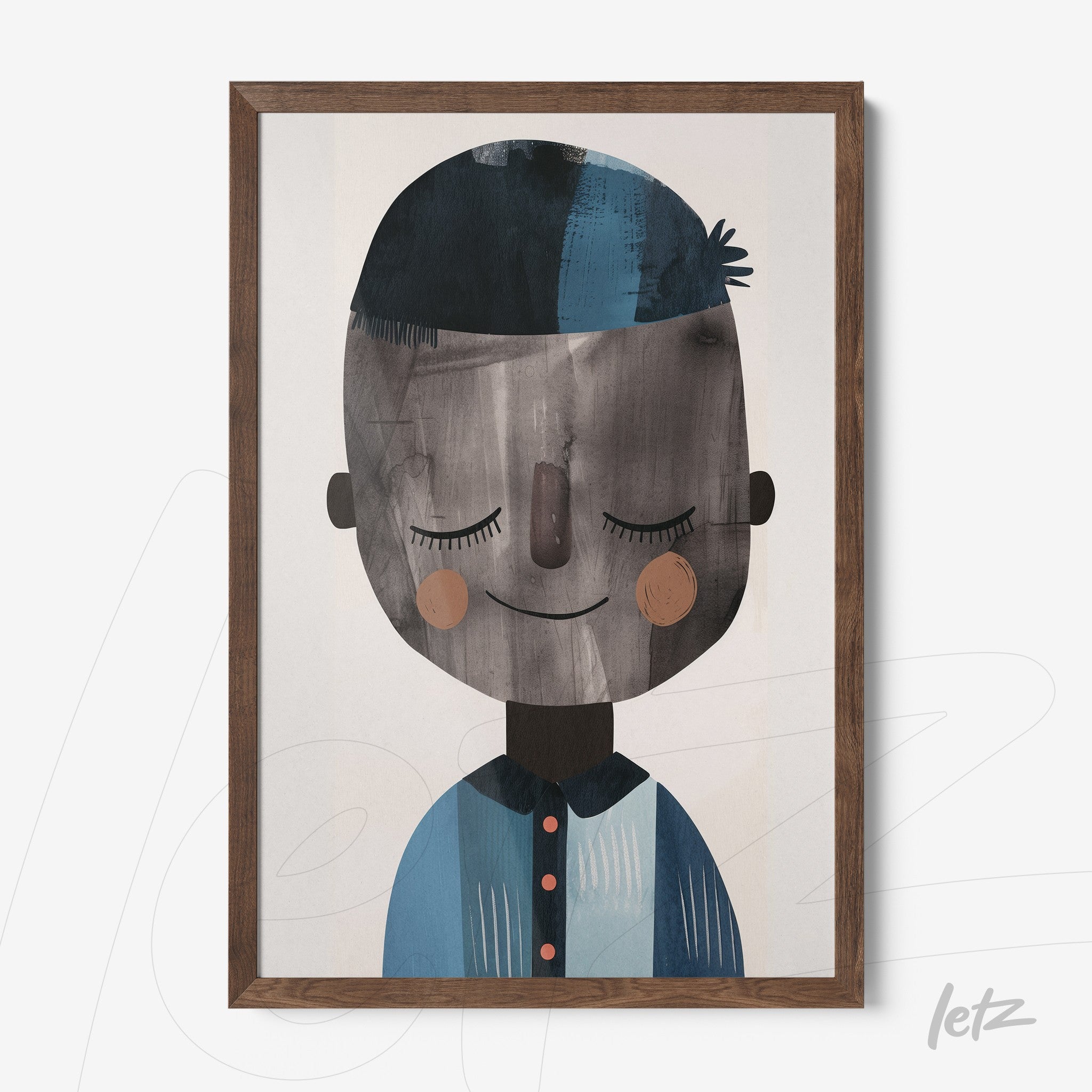 quadro com ilustração infantil de um menino com sorriso e cabelo azul em moldura de madeira clara
