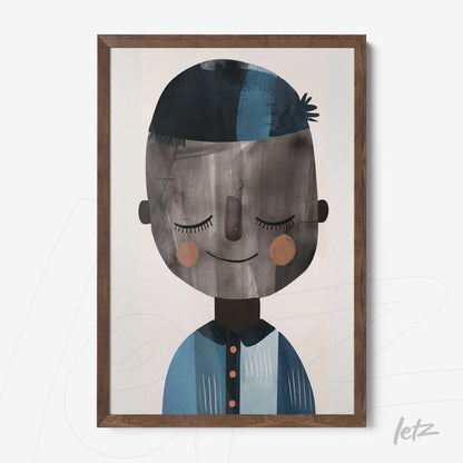 quadro com ilustração infantil de um menino com sorriso e cabelo azul em moldura de madeira clara