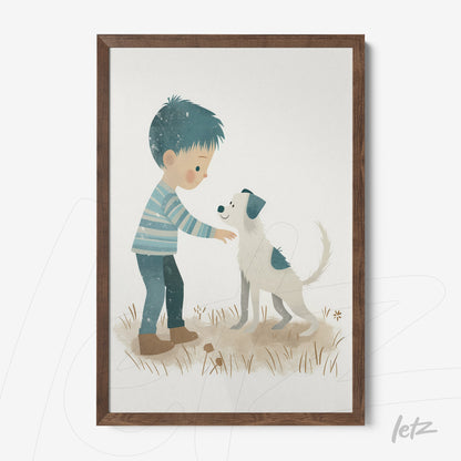 quadro ilustrativo de menino acariciando um cachorro em fundo neutro com moldura de madeira escura