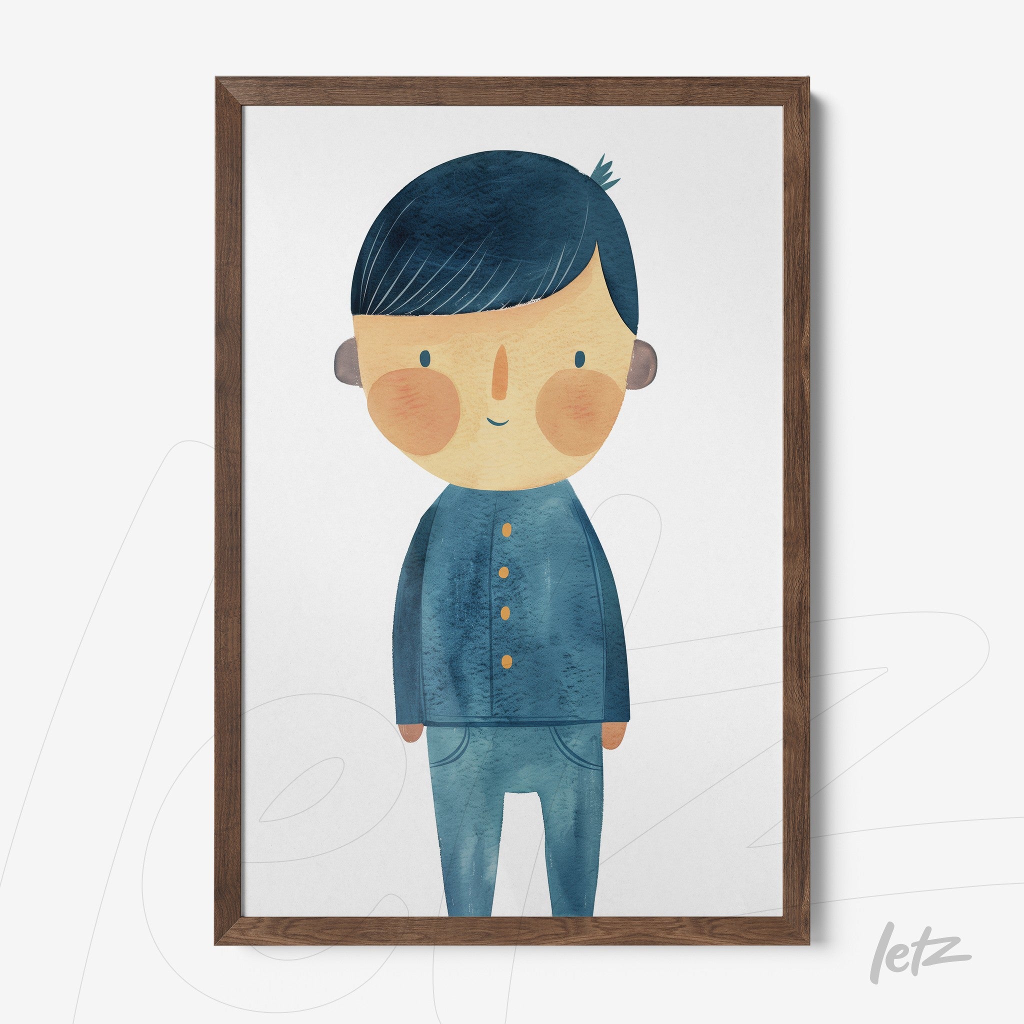 quadro com ilustração infantil de menino com cabelo azul e roupa azul em moldura de madeira escura