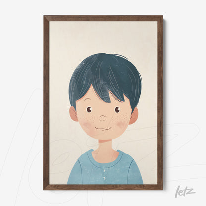 quadro em moldura de madeira escura com ilustração de menino sorridente, cabelos curtos e escuros e camisa azul clara