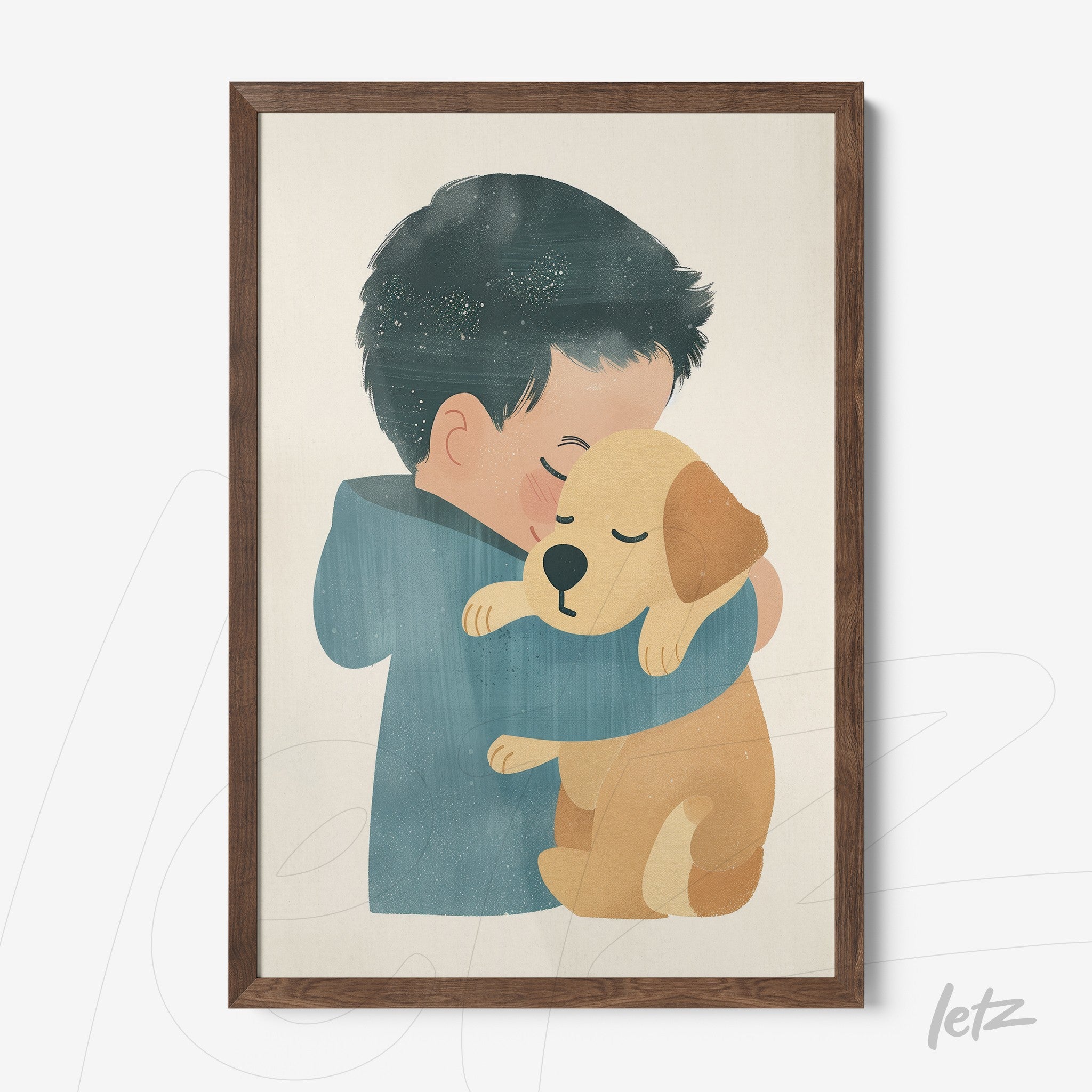 quadro com ilustração de menino abraçando um cachorro em moldura de madeira escura