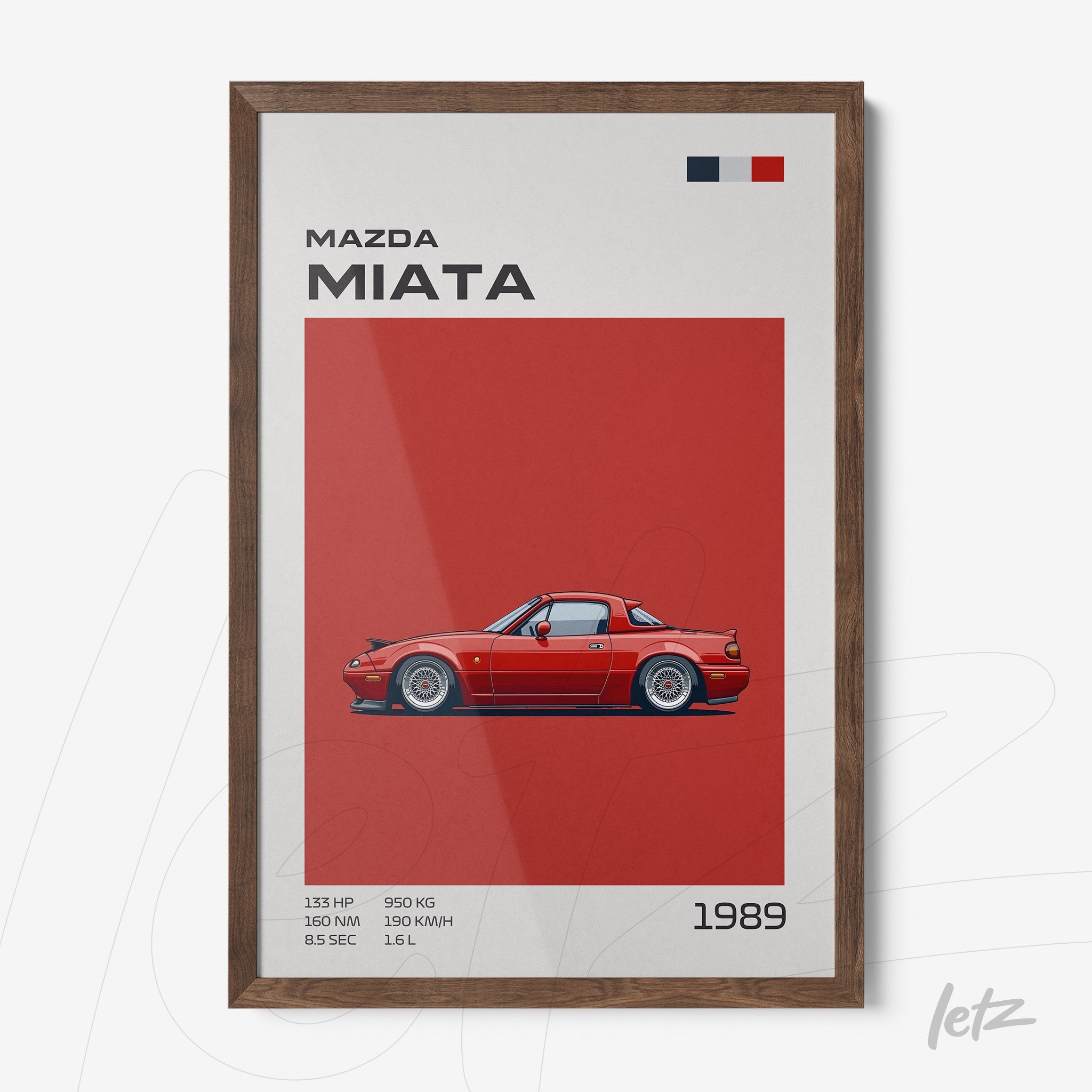 quadro com arte gráfica de carro Mazda Miata em fundo vermelho, moldura de madeira escura
