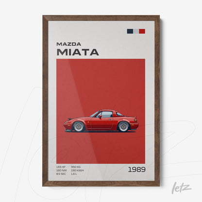 quadro com arte gráfica de carro Mazda Miata em fundo vermelho, moldura de madeira escura