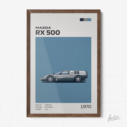 quadro com arte vetorial do carro Mazda RX 500 em moldura madeira escura