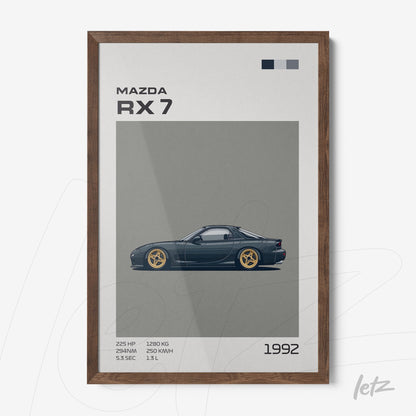 quadro com arte minimalista do carro Mazda RX 7 em moldura de madeira escura