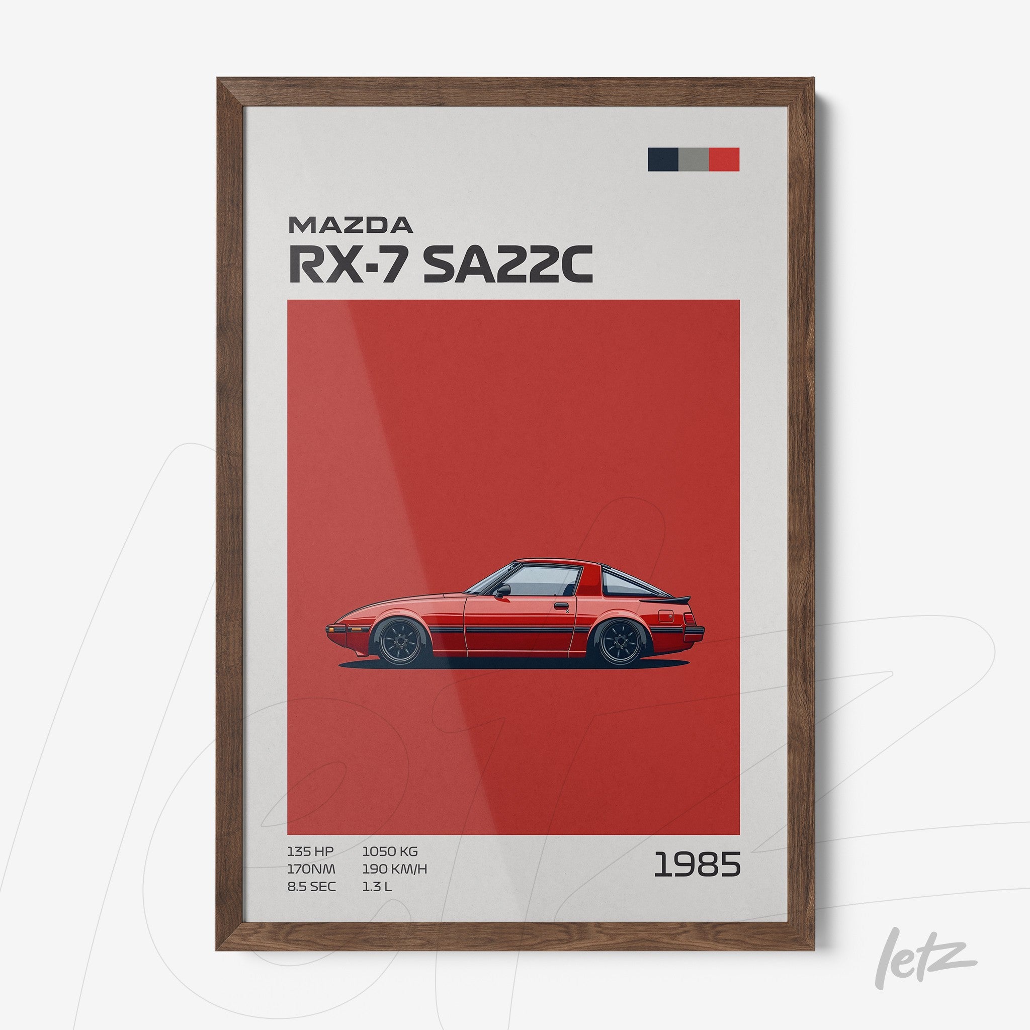 quadro com arte gráfica de um carro Mazda RX-7 SA22C em fundo vermelho e moldura de madeira escura