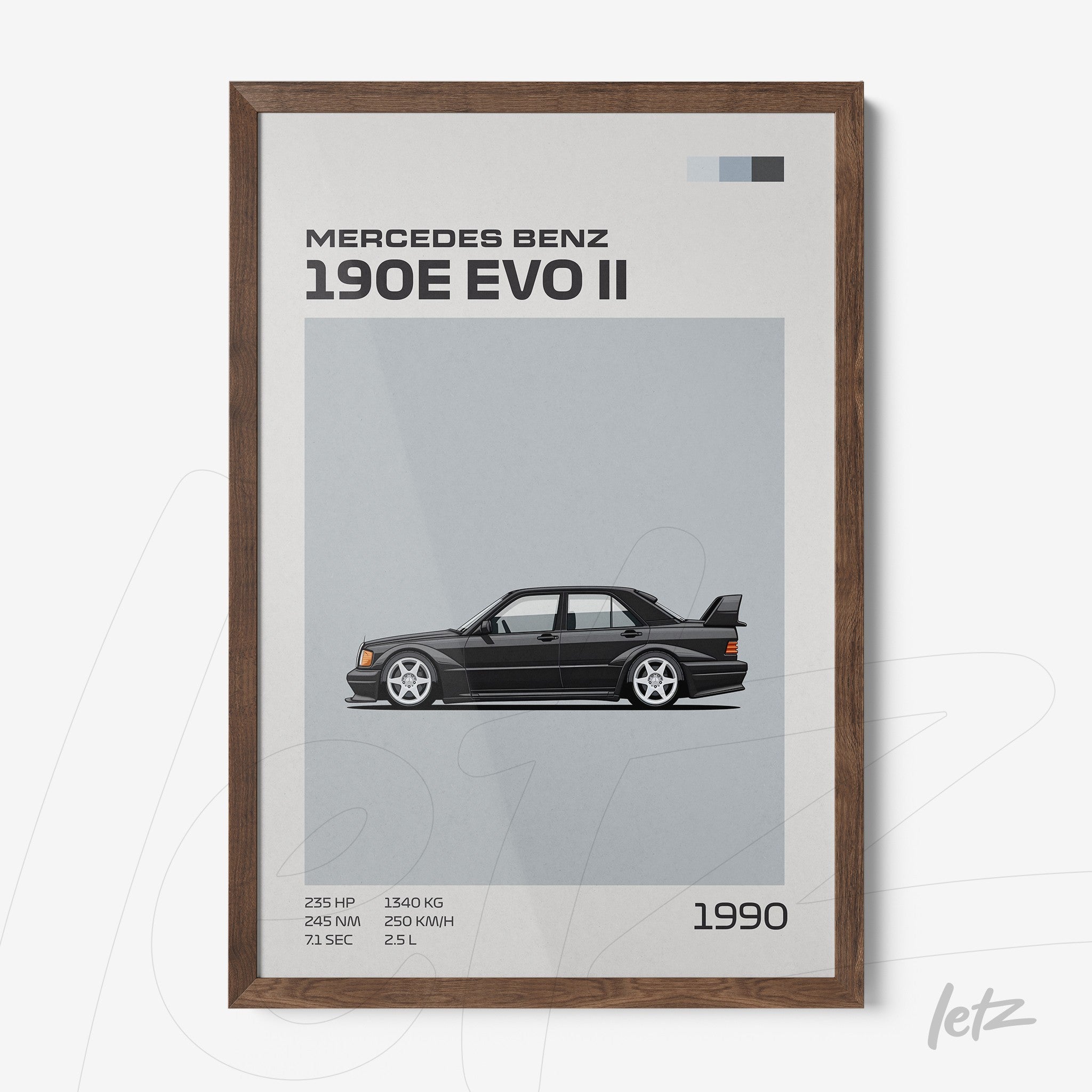 quadro com arte de carro esportivo Mercedes Benz 190E EVO II em moldura de madeira escura