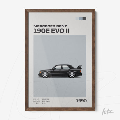 quadro com arte de carro esportivo Mercedes Benz 190E EVO II em moldura de madeira escura