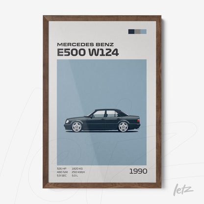 quadro com arte digital do carro Mercedes Benz E500 W124 em moldura de madeira escura