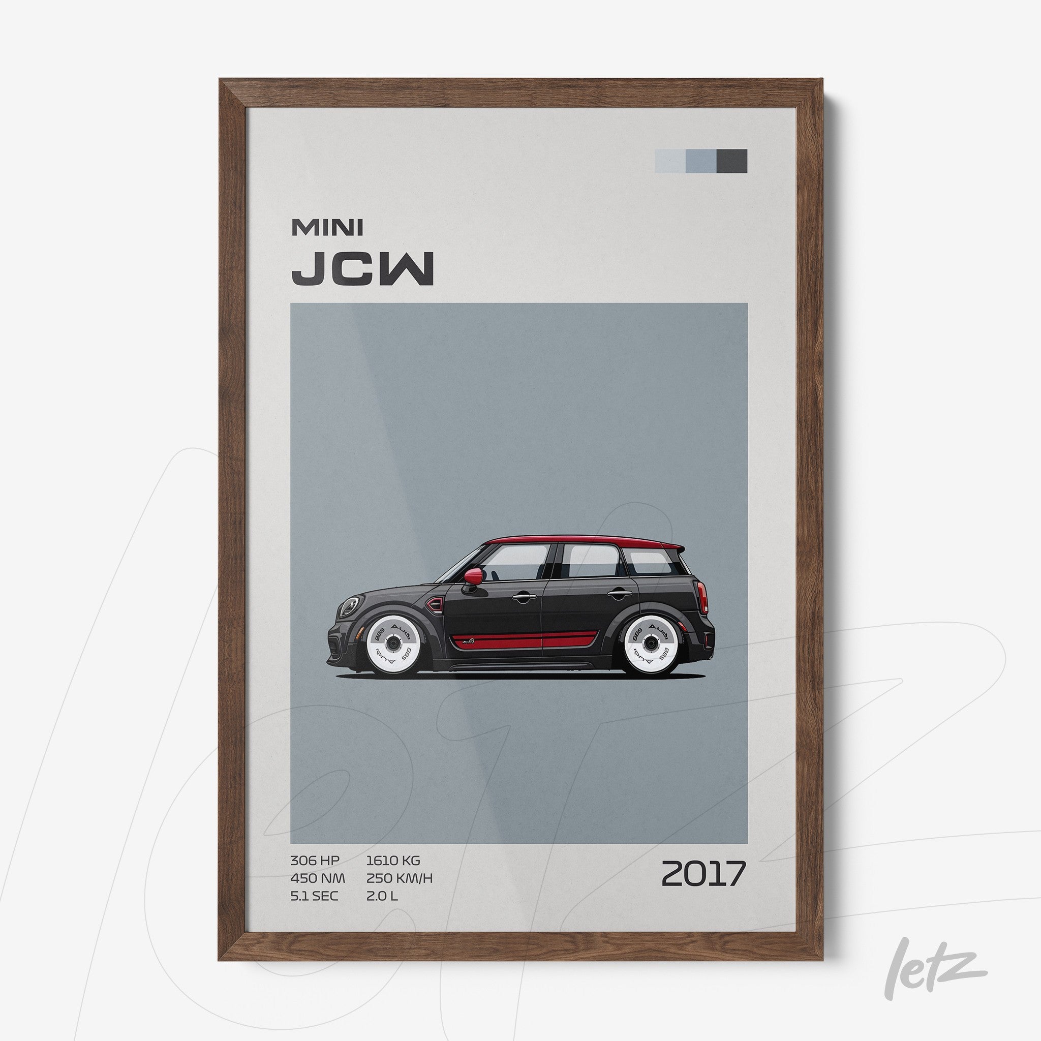 quadro com arte gráfica de carro Mini JCW 2017 em moldura de madeira escura