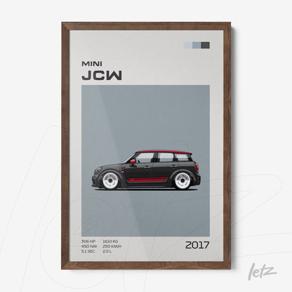 quadro com arte gráfica de carro Mini JCW 2017 em moldura de madeira escura