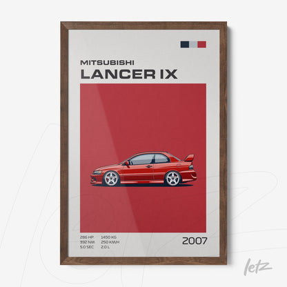 quadro com arte estilizada do carro Mitsubishi Lancer IX em moldura de madeira escura
