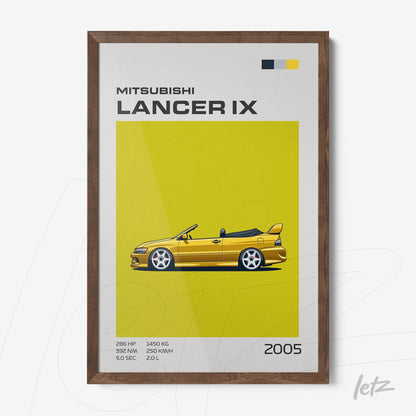 quadro com ilustração de um Mitsubishi Lancer IX amarelo em fundo amarelo vibrante com moldura de madeira escura