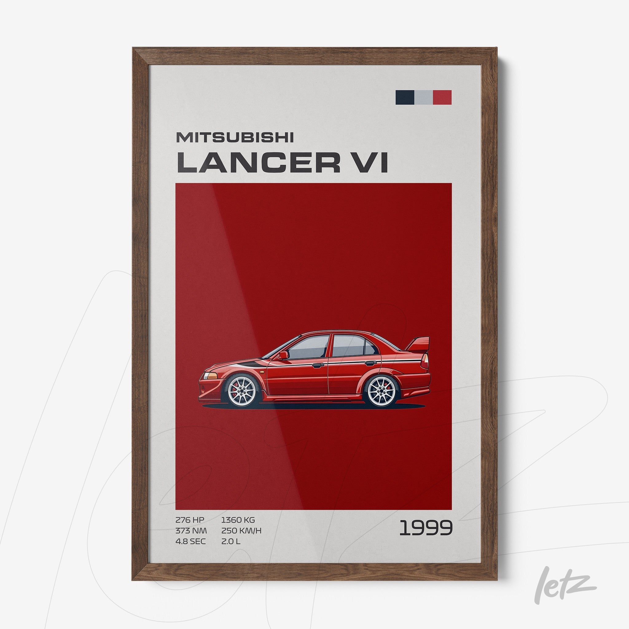 quadro com ilustração do carro Mitsubishi Lancer VI em fundo vermelho e moldura de madeira escura
