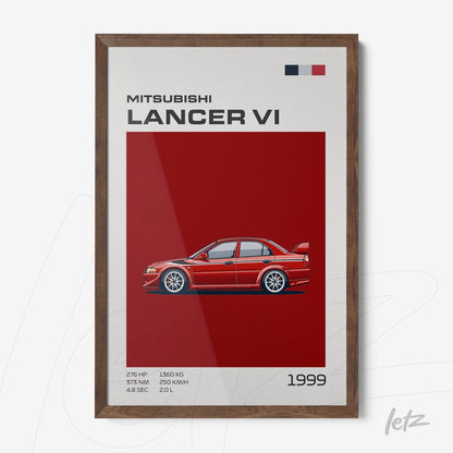 quadro com ilustração do carro Mitsubishi Lancer VI em fundo vermelho e moldura de madeira escura
