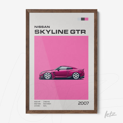 quadro com arte digital do carro Nissan Skyline GTR em fundo rosa vibrante e moldura de madeira escura