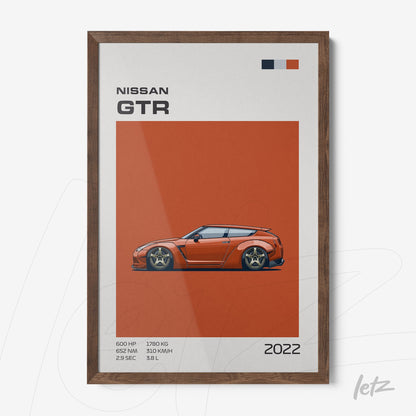quadro com ilustração de um carro Nissan GTR em fundo laranja com moldura de madeira escura