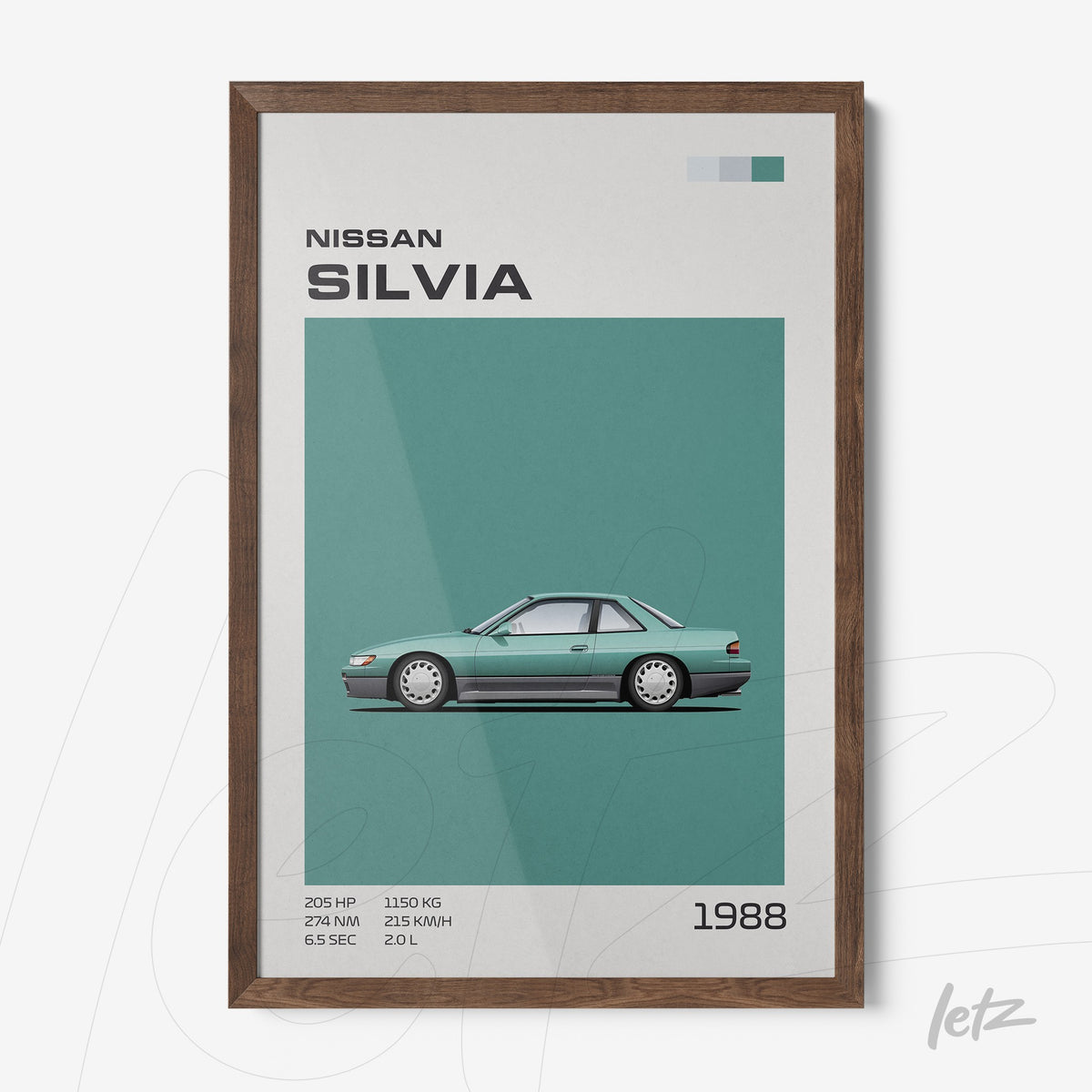 quadro com ilustração do carro Nissan Silvia de 1988 em moldura de madeira escura