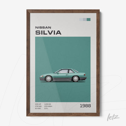 quadro com ilustração do carro Nissan Silvia de 1988 em moldura de madeira escura