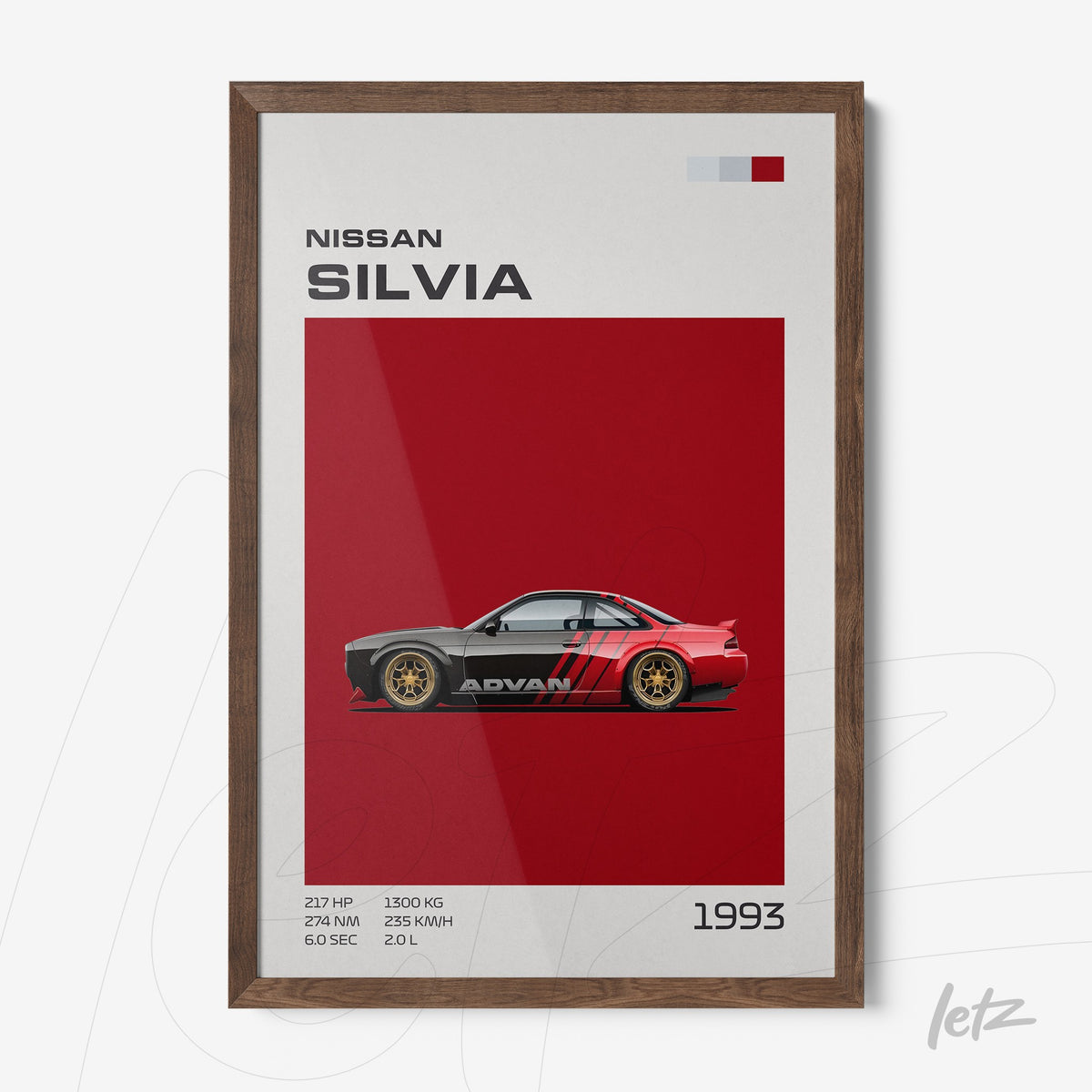 quadro com arte de carro esportivo Nissan Silvia de 1993 em moldura de madeira escura com fundo vermelho