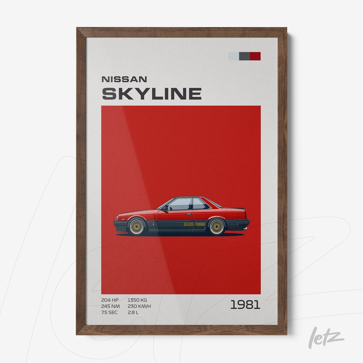 quadro com ilustração do carro Nissan Skyline de 1981 em moldura de madeira escura