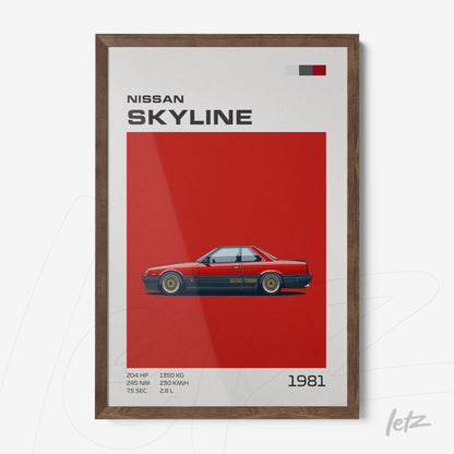 quadro com ilustração do carro Nissan Skyline de 1981 em moldura de madeira escura