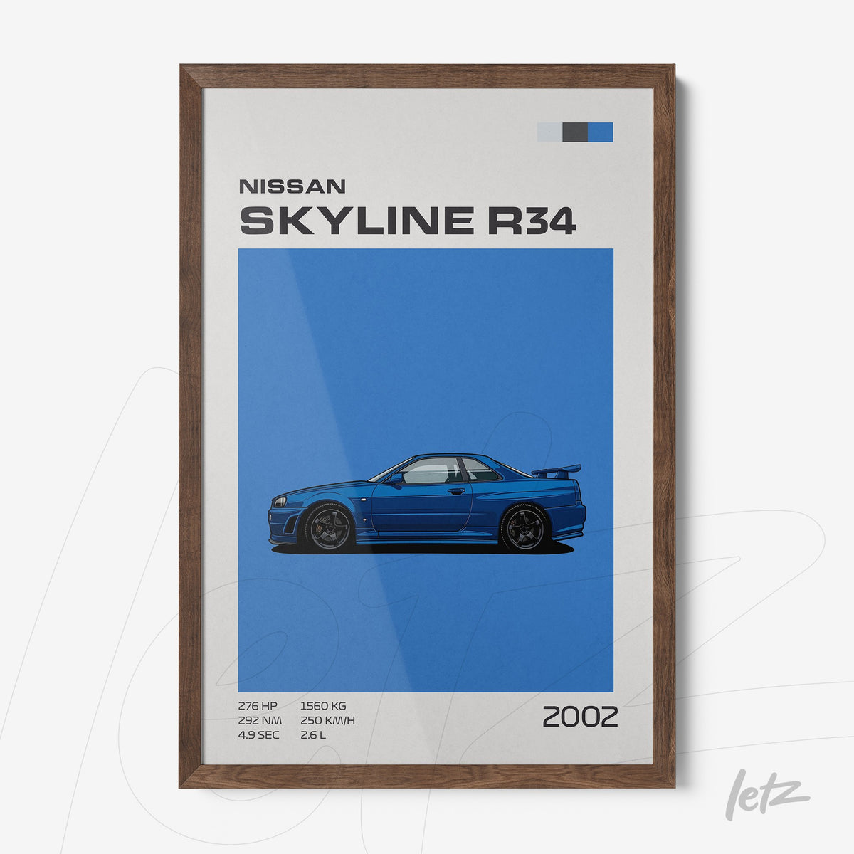 quadro com arte do carro Nissan Skyline R34 em fundo azul, moldura de madeira escura