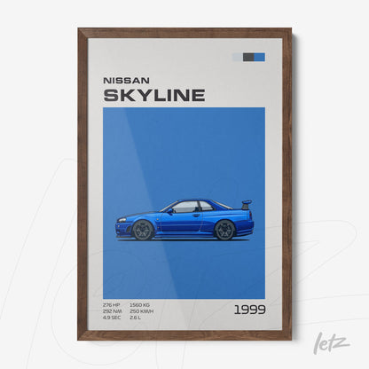 quadro com arte digital de carro esportivo Nissan Skyline na cor azul, com moldura de madeira escura