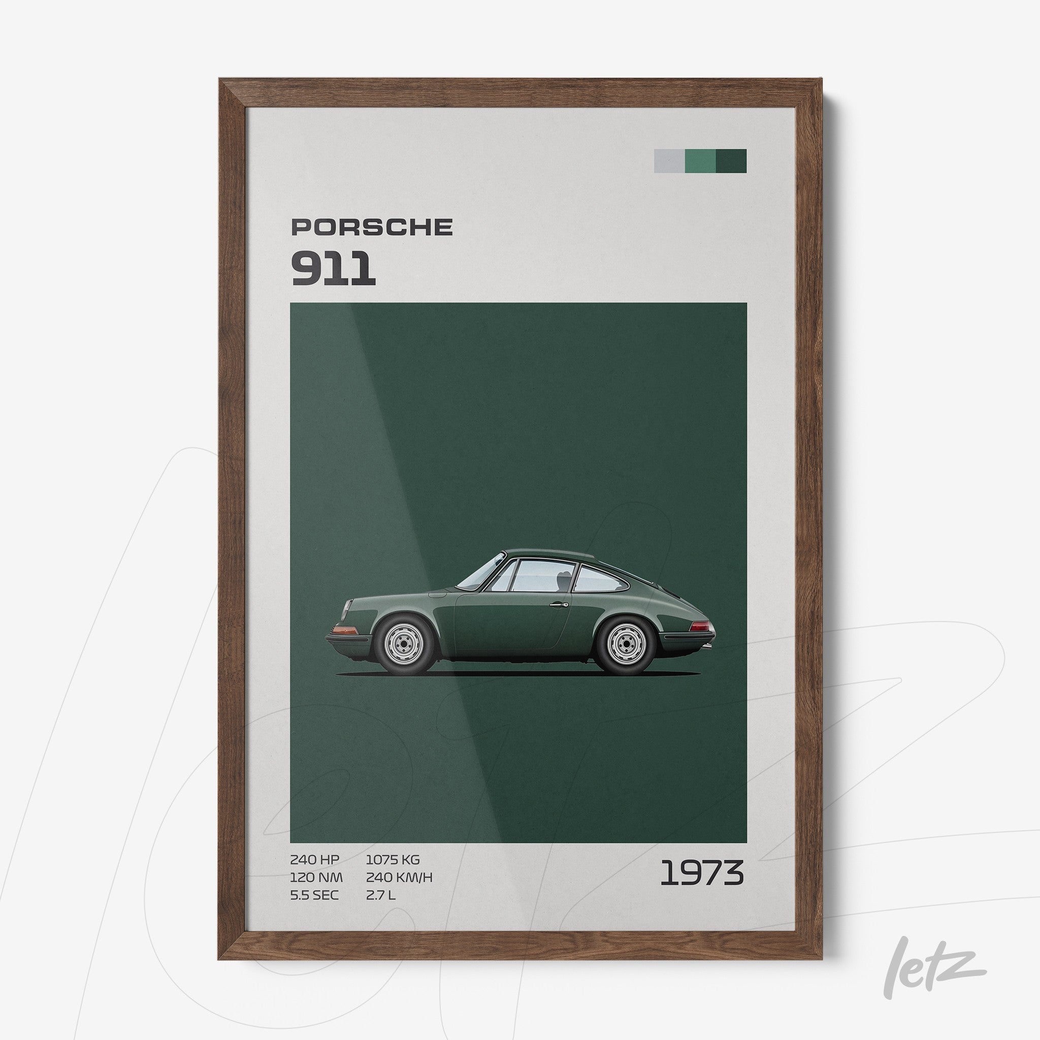 quadro com arte estilizada do carro Porsche 911 de 1973 em moldura de madeira escura