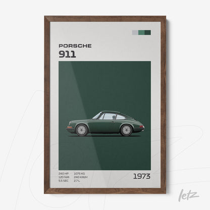 quadro com arte estilizada do carro Porsche 911 de 1973 em moldura de madeira escura