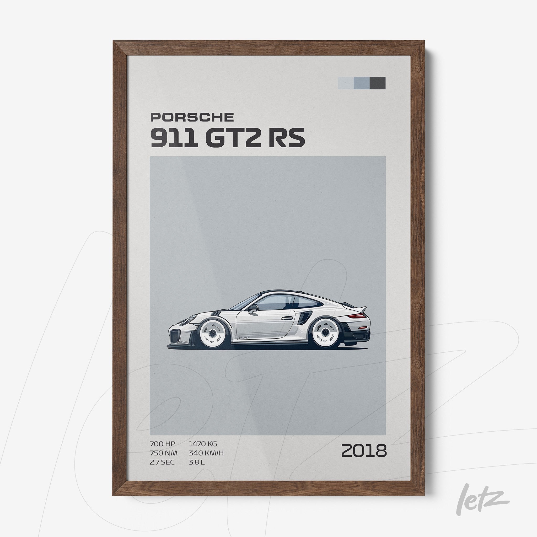 quadro com arte minimalista de um Porsche 911 GT2 RS 2018 em moldura de madeira escura