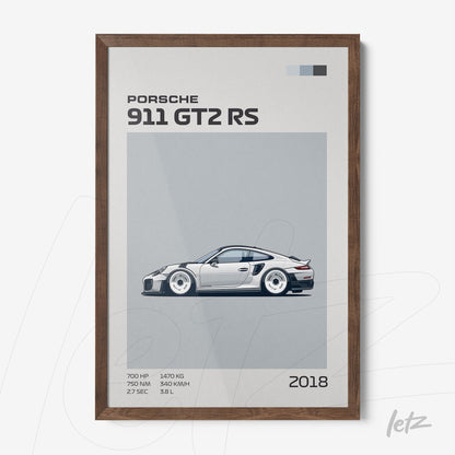 quadro com arte minimalista de um Porsche 911 GT2 RS 2018 em moldura de madeira escura
