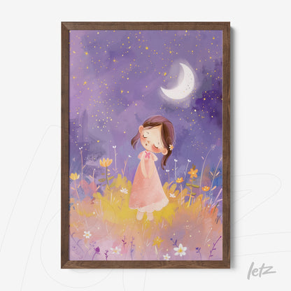 quadro com ilustração infantil de menina em campo florido sob céu estrelado, moldura de madeira escura