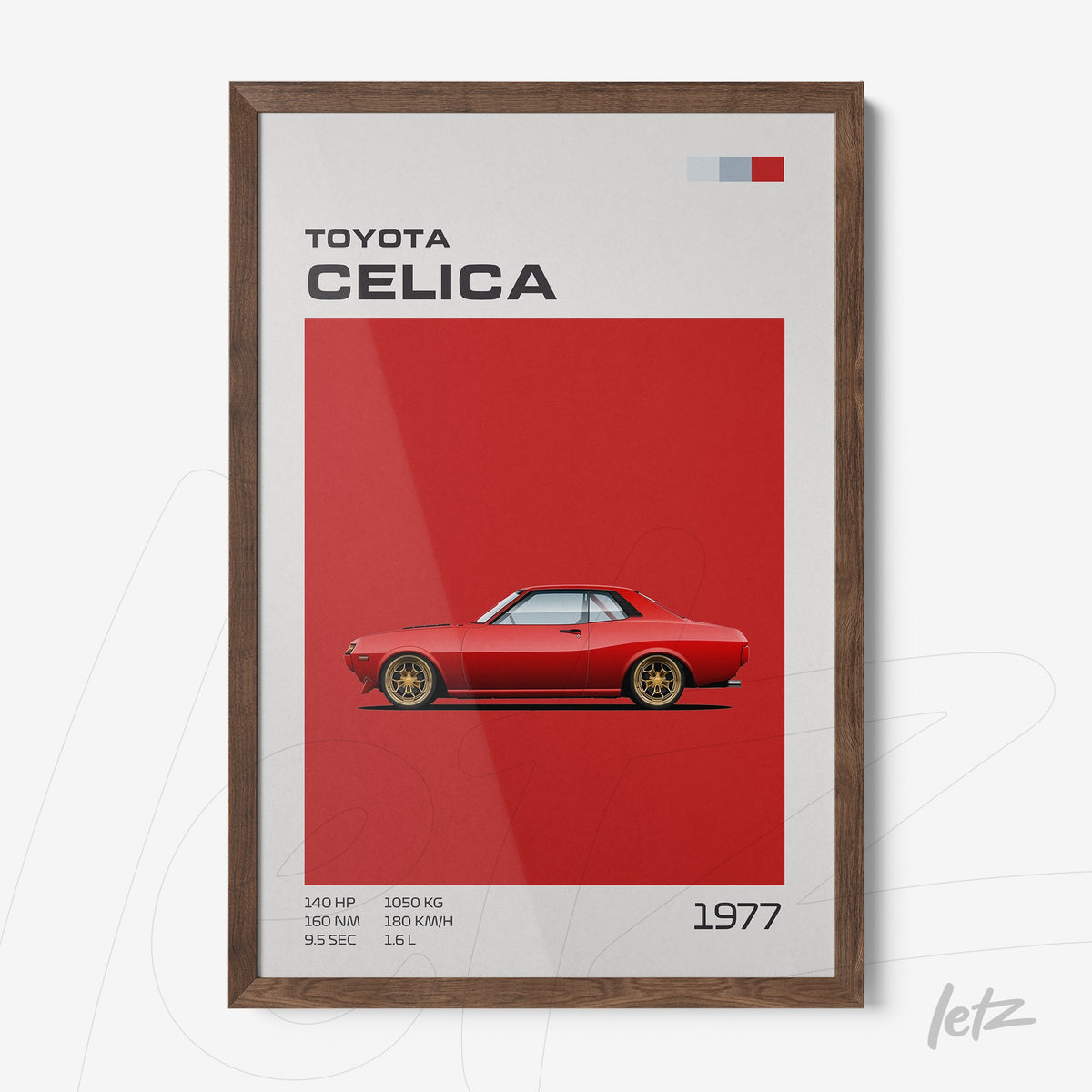 quadro com arte retrô de um carro Toyota Celica 1977 em fundo vermelho vibrante com moldura de madeira escura