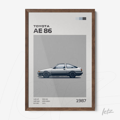 quadro com arte minimalista do carro Toyota AE86 em moldura de madeira escura