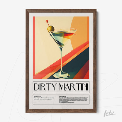 quadro com arte geométrica de drink dirty martini em moldura de madeira escura