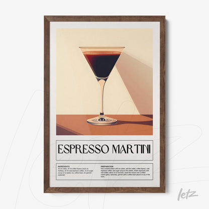 quadro com arte moderna do drink espresso martini em moldura de madeira escura