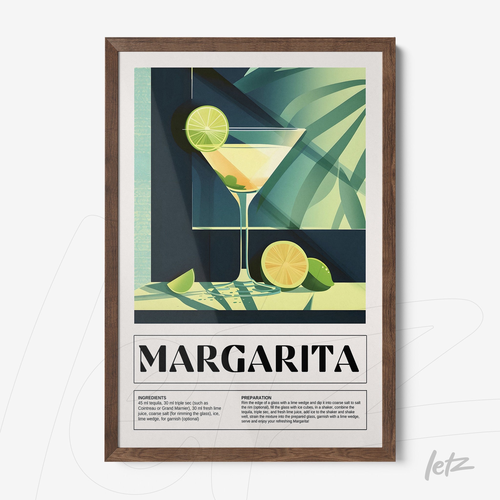 quadro com arte minimalista do drink margarita em moldura de madeira escura