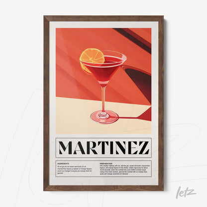 quadro com arte moderna de cocktail martinez em moldura de madeira escura